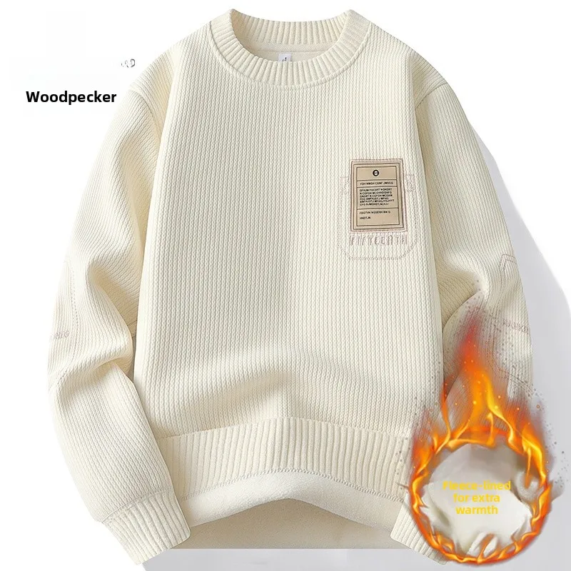 

Warm Fce Lined Thiened Knitted Sweater for Young Men round Ne Loose Patchwork Base irt Winter Faion Ci Sle Top