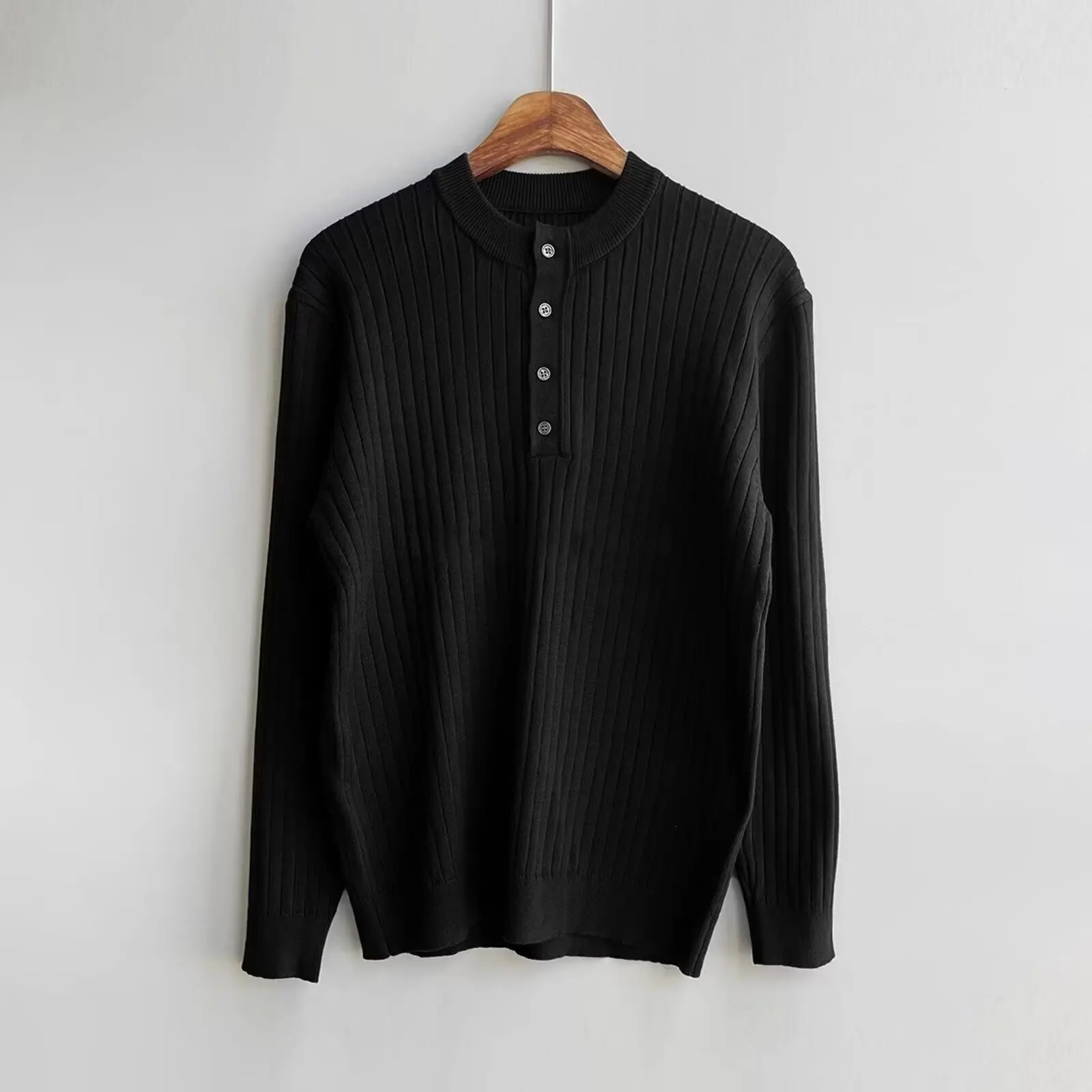 2026 Men Classic Long-Sleeve Henley Shirt Man Casual Button Solid Color Tops Autumn Male Stripe Tops Tees Business Tshirts
