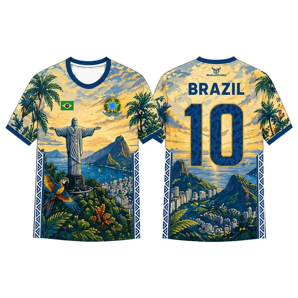 2026 Fashion Casual Rio Christ Statue Football Jersey No. 10 Sunset Parrot Landscape Football T-shirt