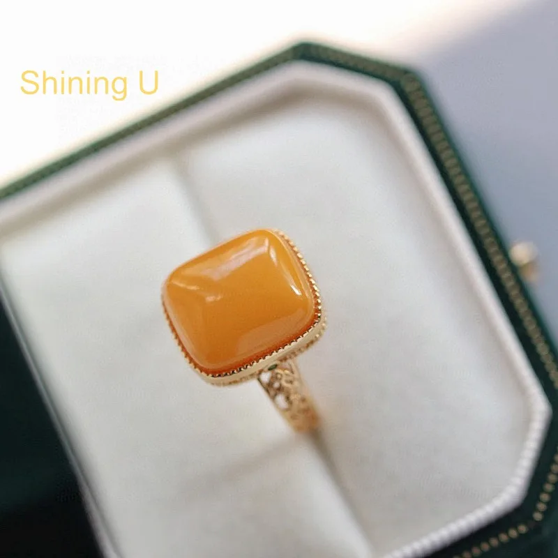 Shining U 925 Sterling Silver 10mm Square Yellow Amber Ring for Women Fine Jewelry Summer