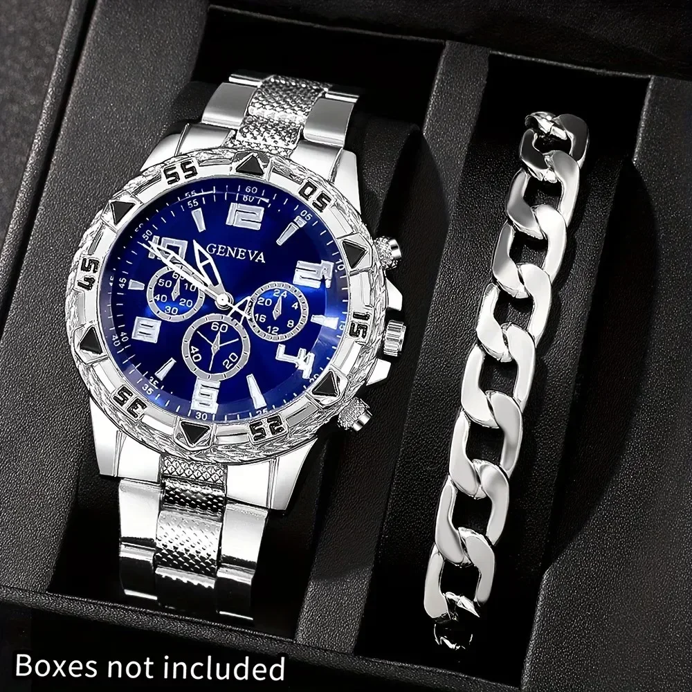 Men 2Pcs Watch Bracelet Set Geneva Chronograph Wristwatch Relojes Hombre Boxes Not Included