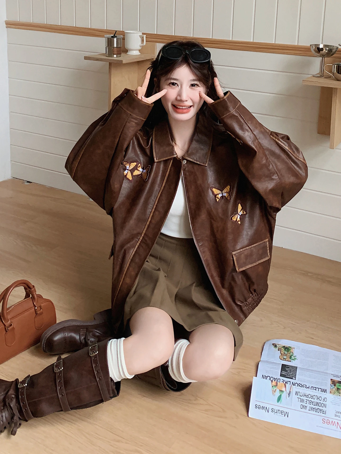 Jaet en cuir marron rétro pour femmes, nouvelle broderie douce et fraîche, sensation haut de gamme, manteau ort pour les déplacements, automne 2025