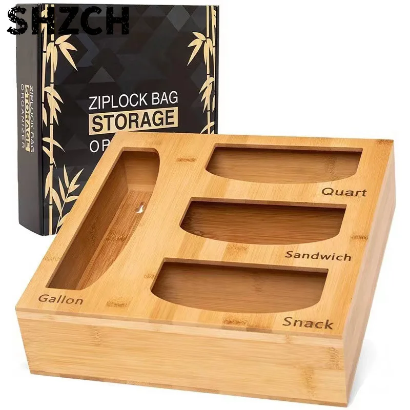 Bag Organizer and Plastic Wrap Dispenser with Cutter, 6 In 1 Bamboo Foil and Plastic Wrap Organizer for Kitchen Drawer