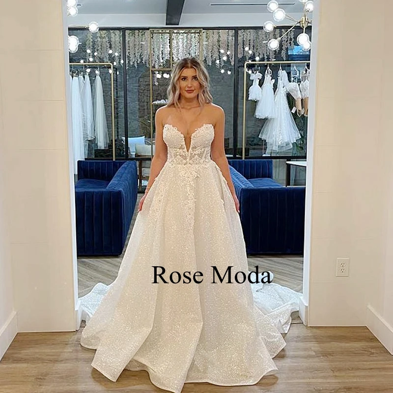 Rose Moda Deep Sweetheart Neckline Princess Glittering Lace Wedding Dresses Custom Make Real Photo