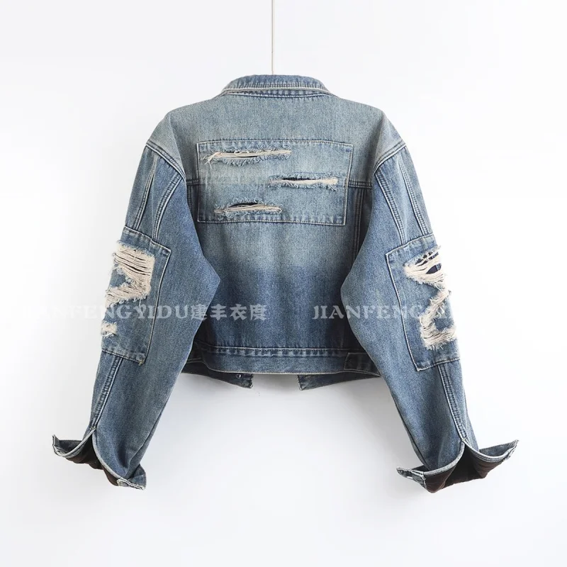 Fashion Frayed Burrs Hole Denim Jacket Autumn Winter New Women Casual Lapel Long Sleeve Female Thicken Warm Jeans Jacket Coat