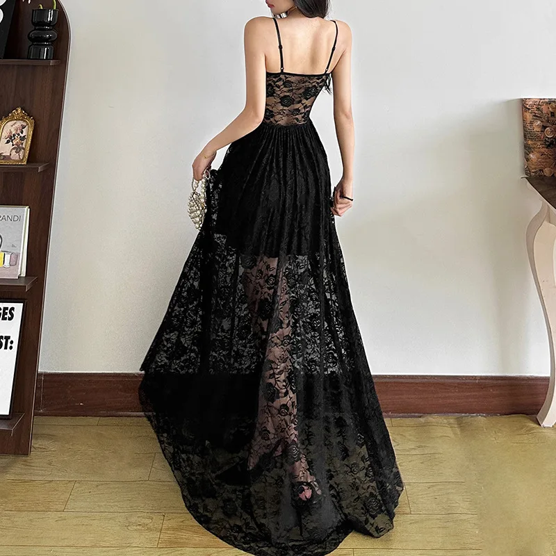 New Women's Sexy Perspective Black Lace Party Fashion Long Dress  YY10934