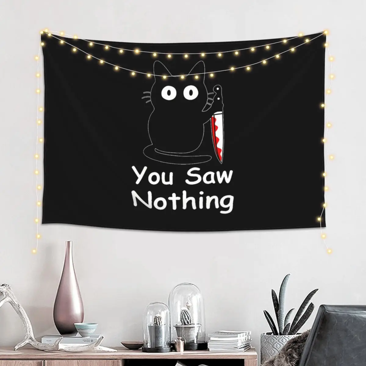 Black Cat Murder Cat You Saw Nothing Tapestry Hippie Wall Hanging Aesthetic Home Decoration Tapestries for Living Room Bedroom