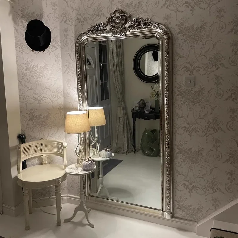 NQ European full-body mirror wall-mounted heavy industry carved retro floor mirror American fitting mirror home