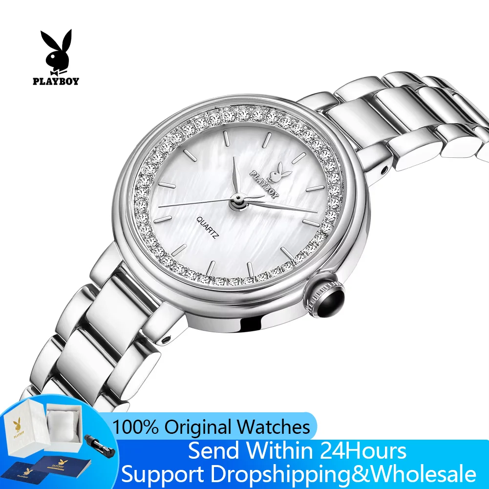 PLAYBOY 3536 Women's Quartz Watches Original Brand Exclusive Stainless Steel Diamond Bezel Luxury Ladies Waterproof Wristwatches
