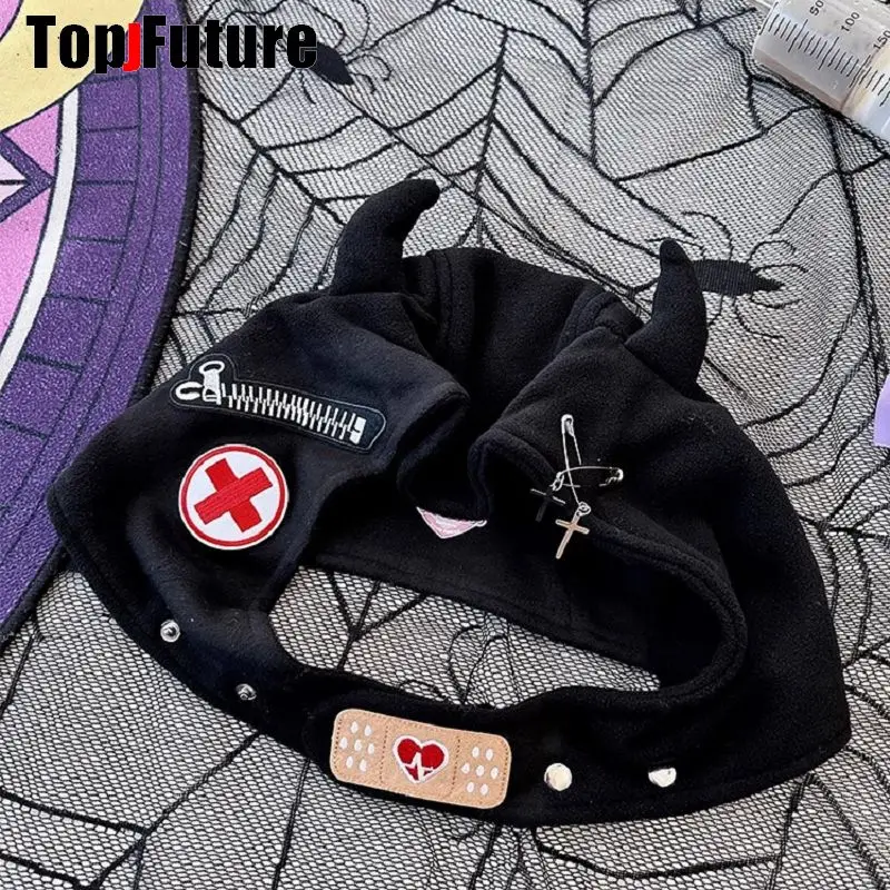 Women Men Harajuku Gothic Lolita devil Ear Hat first aid Band-Aid Punk Subculture Beanie Hat Female Y2K Girls Boys Accessories