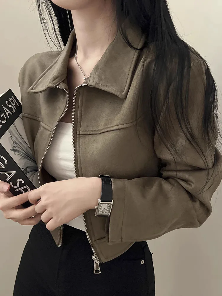 한국 스타일 짧은 가죽 벨벳 자켓 여성 가을 ​​하이 엔드 홍콩 복고풍 칼라 긴 소매 블랙 자켓 짧은 겉옷