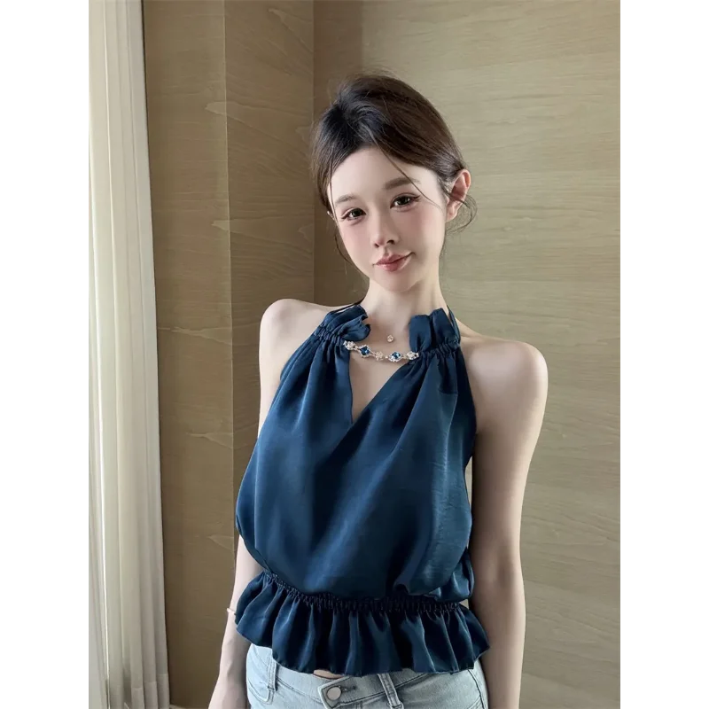 French Heavy Industry Diamond-encrusted Halterneck Pleated Ruffle Camisole Female Socialite Sleeveless Top