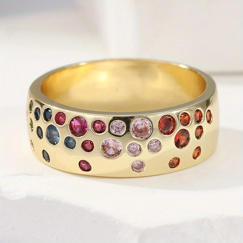 Luxurious Wide Face Copper Material Ring Inlaid with Multi Color Synthetic Zircon Ring Women's Daily Fashion Jewelry