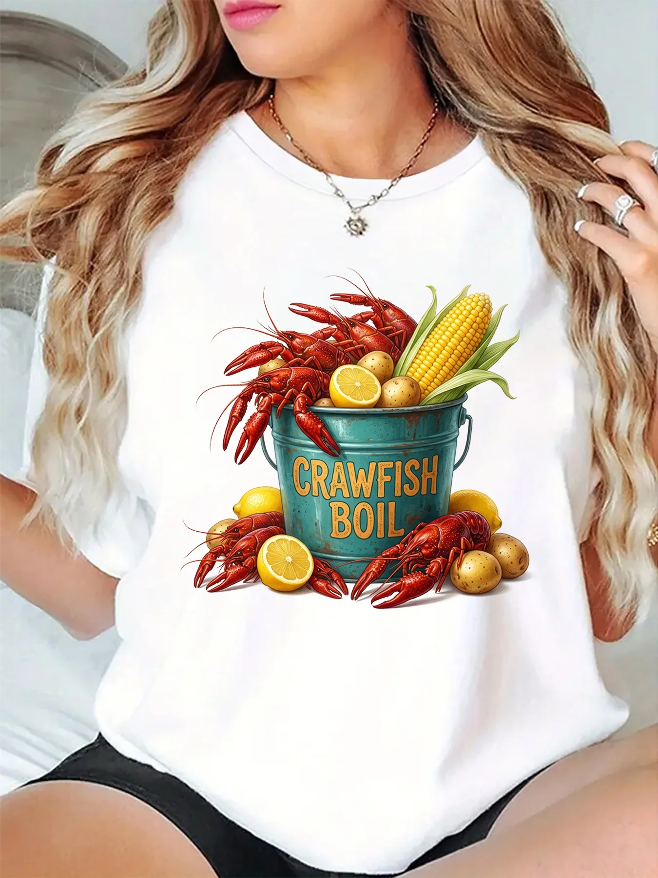Crawfish Boil Bucket Corn Lemon Potato Graphic Womens T Shirt Short Sleeve Crew Neck Seafood Party Casual Ladies Tee Tops