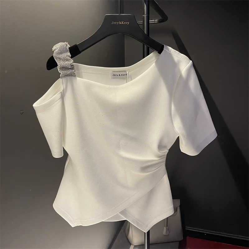 

Commuter Summer New Women's Pullovers Crew Neck Spliced Diamonds Short Sleeve Off Shoulder Pleated T-shirt All-match Slim Tops