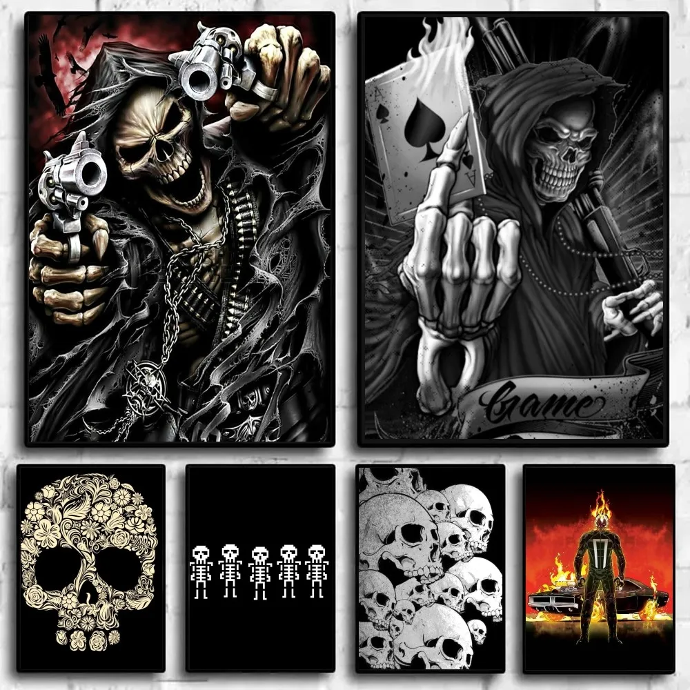 Skull Horror Skeletons G-Ghost Riders Poster Sticky Wall Art Printing Waterproof Home Living Bed Room Garage Bar Aesthetic Decor