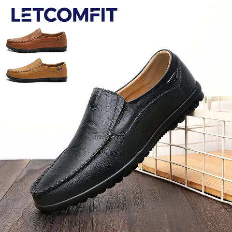 LETCOMFIT 남성 캐주얼 로퍼 솔리드 슬립온 가죽 비즈니스 옥스포드 컴포트 로우탑 중년 남성 신발 올 시즌 착용