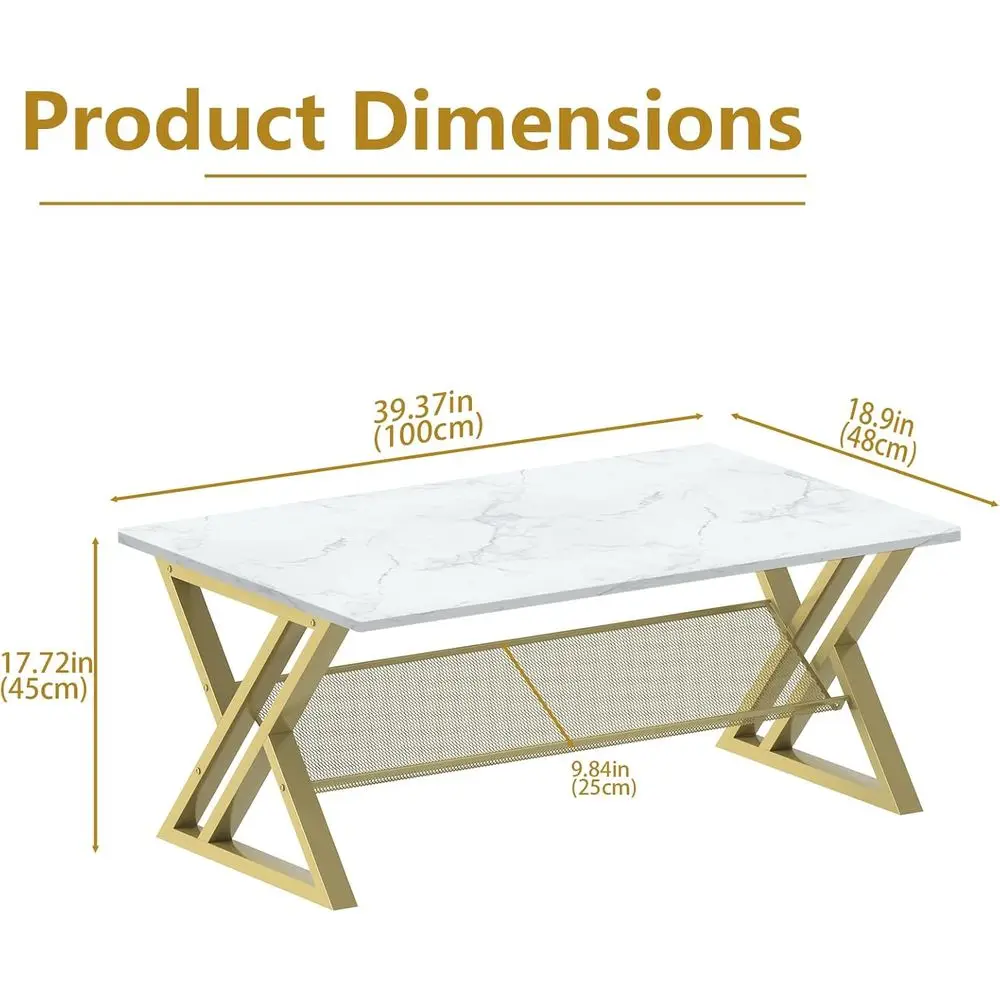 โต๊ะกาแฟทรงสี่เหลี่ยมผืนผ้าลายหินอ่อนเทียมทันสมัย พร้อมชั้นวางของและโครงโลหะสีทอง สำหรับห้องนั่งเล่นและโฮมออฟฟิศ