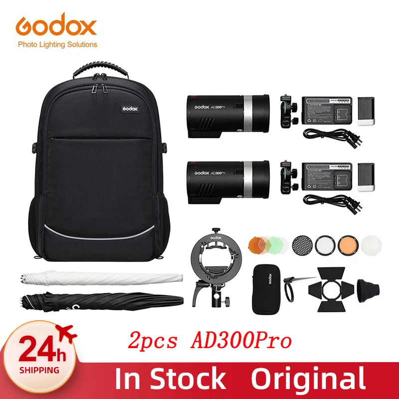 Godox 2pcs AD300Pro AD300 PRO 300W Out Door Flash Flashes with Backpack  + Umbrellas + S2 Bracket Flash Kit