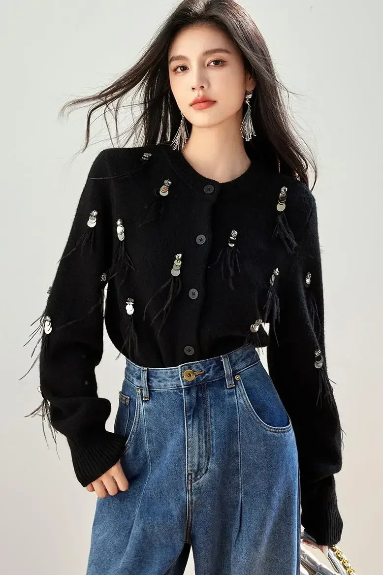 2024 Autumn New Feather Sequin Tassel Bead Knitted Sweater Women Solid Color Round Neck Single-Breasted Cropped Cardigan Coat