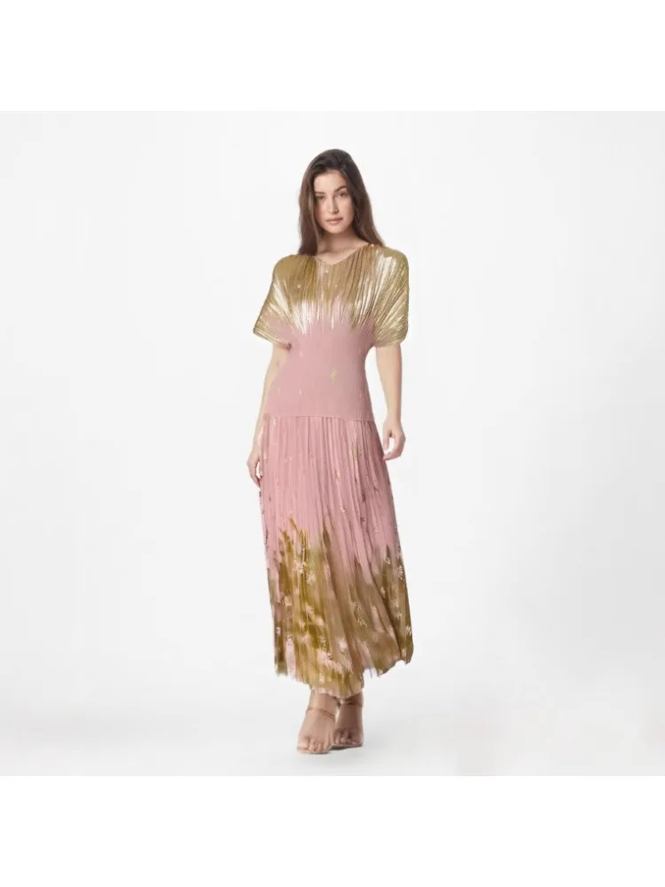 三宅プリーツルーズ婦人服ファッションブロンズツーピースセット V ネックカジュアル半袖気質プリーツスカートセット
