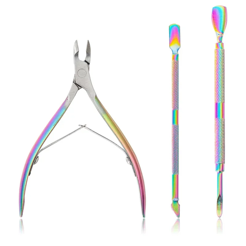 3 個セットレインボーステンレス鋼ネイルキューティクルはさみプッシャー角質ジェルポリッシュリムーバーネイルアートマニキュアケアツール