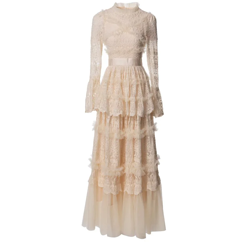 

Meyyithun Women's Dress Fashion design Spring & Summer New Trumpet Sleeves Lace Hollow Girdling Princess Style Dress Long Dress