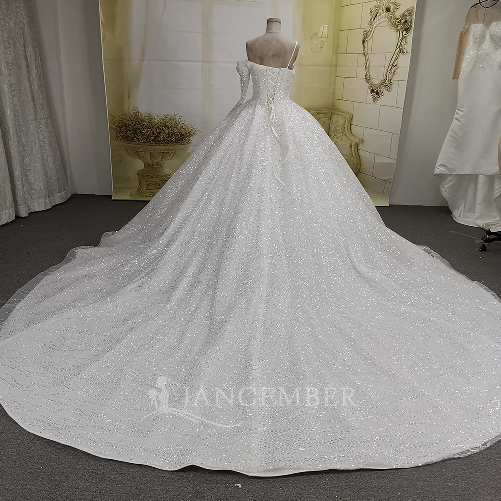 Customized Exquisite Wedding Ball Gowns Sequins Beading Lace Bridal Dress One-Shoulder Long Sleeves Train Vestido de novia