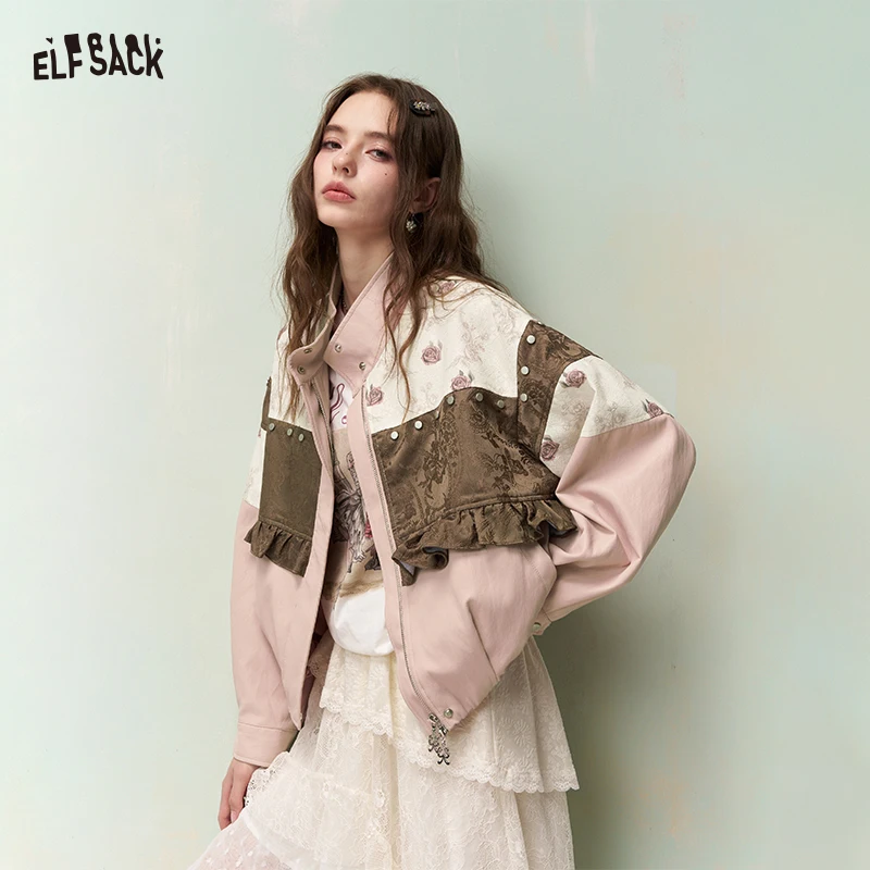 

ELFSACK Women's Patchwork Floral Print Jacket with Ruffles Cropped Bomber Streetwear Oversized Long Sleeve Spring Summer Casual