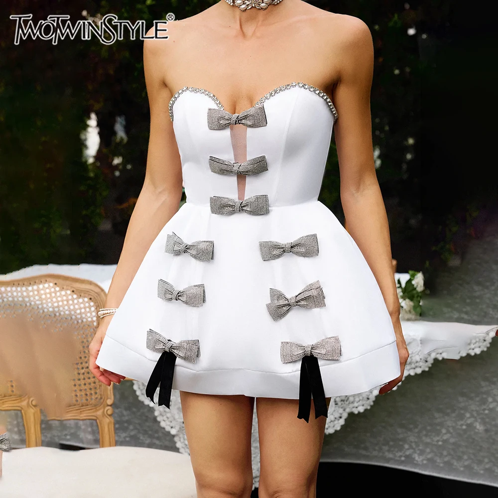 

TWOTWINSTYLE Solid Slimming Spliced Bead Mini Dresses for Women Slash Neck Sleeveless Patchwork Bow Mini Dress Female Clothing