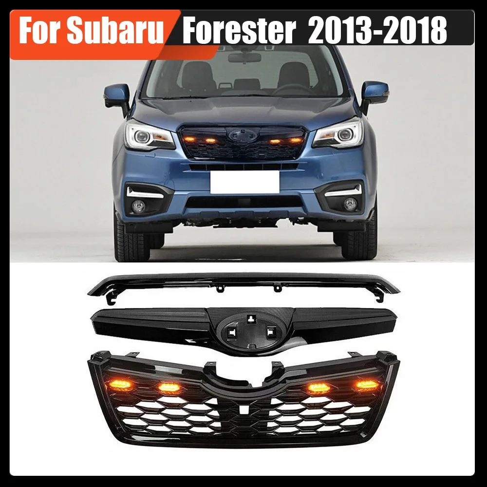 

For Subaru Forester 2013-2018 Gloss Black ABS Sti Style Front Grill Mesh Kit W. LED Lights Upper Bumper Grille Racing Grills