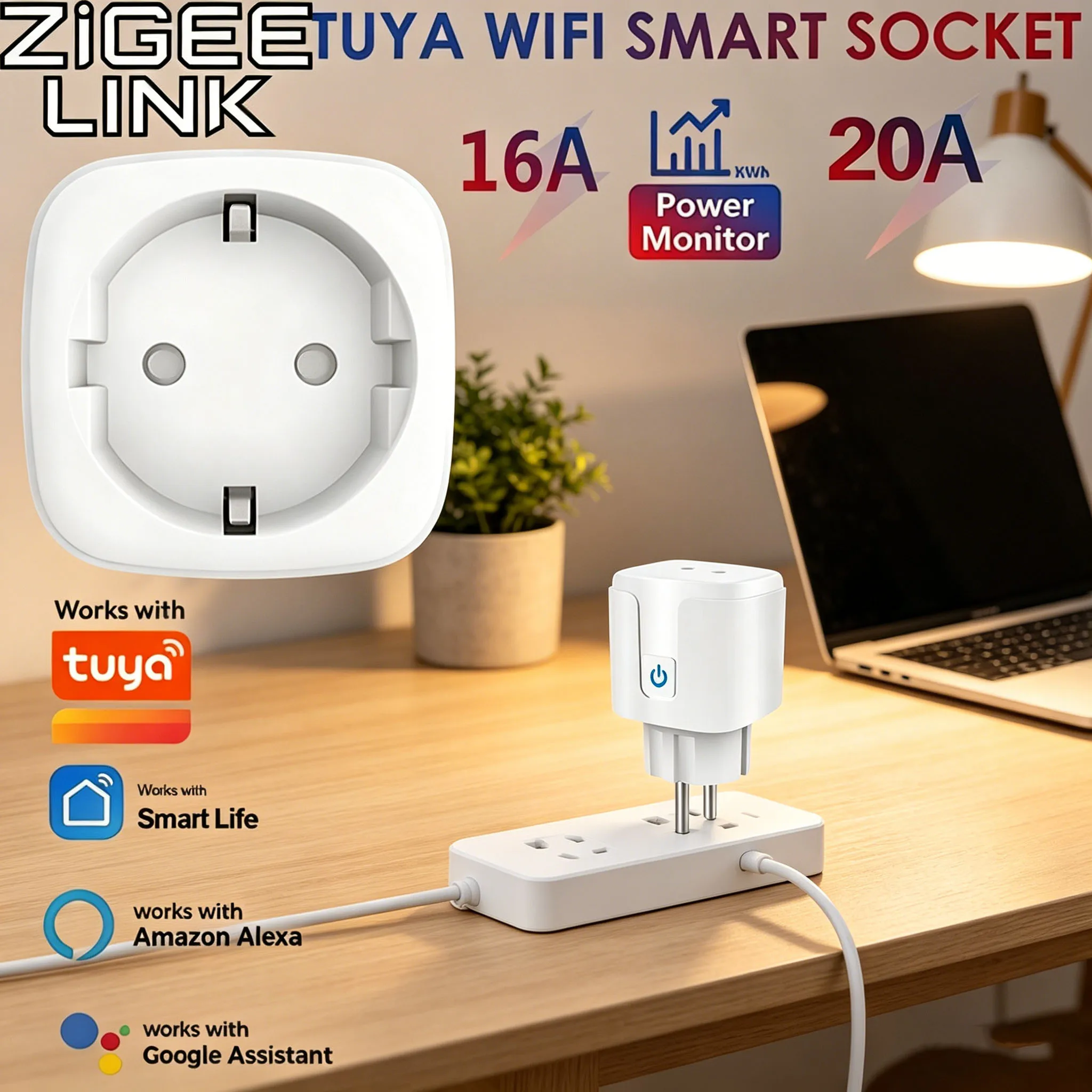 EU Standard Tuya WiFi Smart Socket 16/20A with Energy Monitoring Voice Control Compatible with Alexa Google Assistant Smart Life