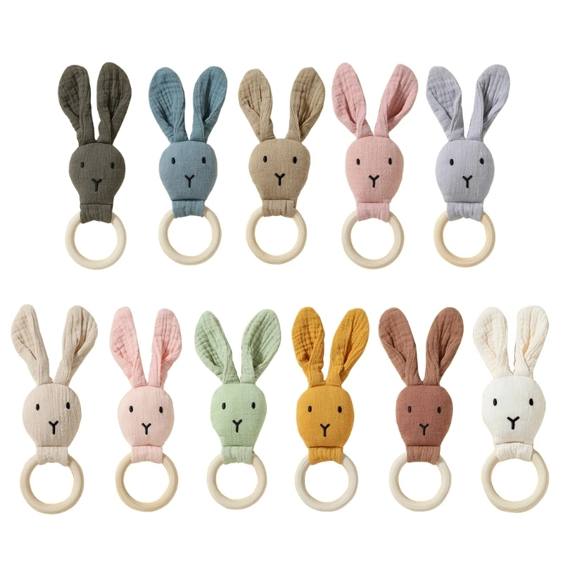 Baby Teether Wood Rattle Ring Long Ear Rabbit Newborn Comfort Toy Sensory-Development Toy for Baby Newborn Boy Girl Gift