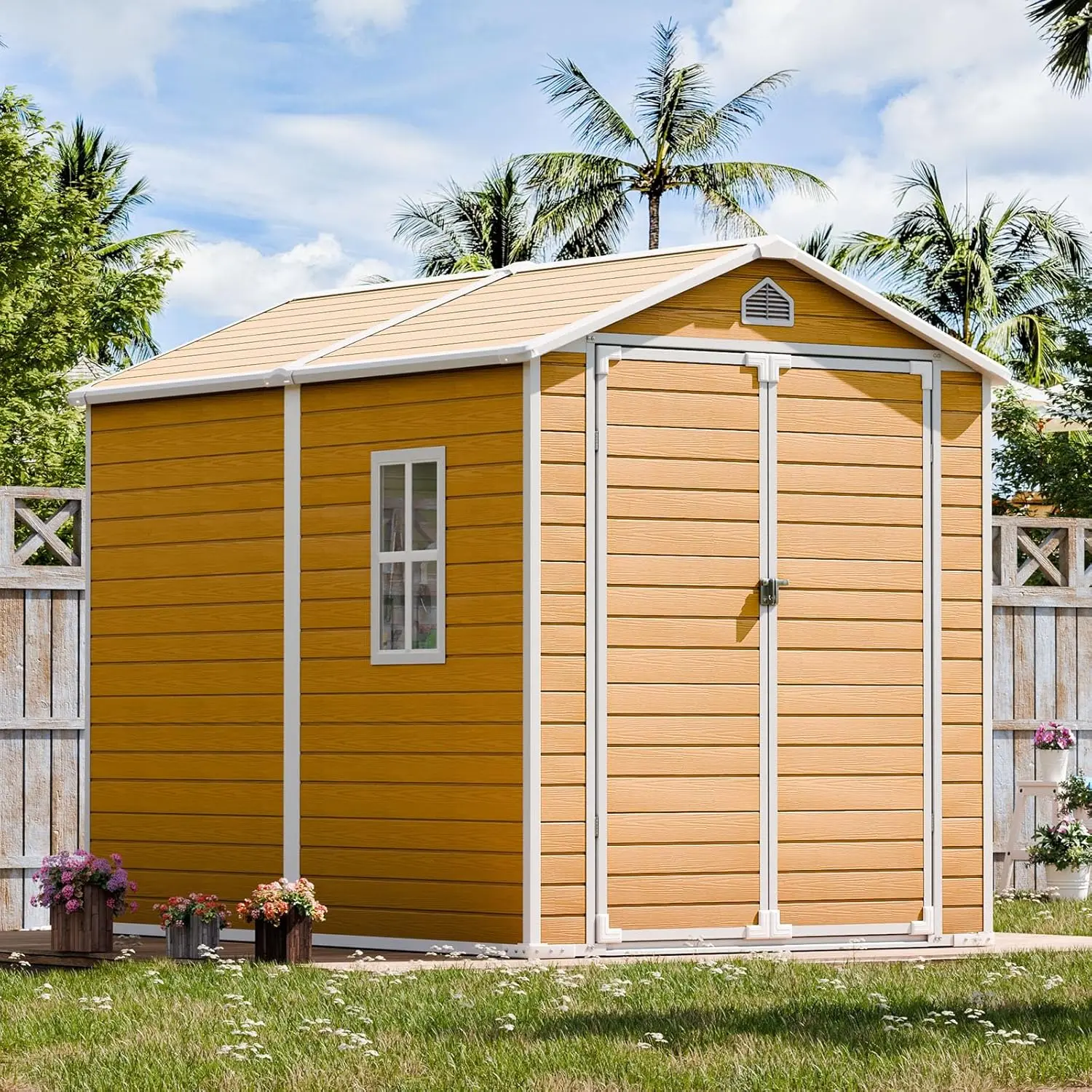 

8x6 FT Resin Storage Shed Wi/ Floor Inlcuded & Window Lockable 2 Doors, Plastic Sheds, Waterproof Outside Sheds Kit