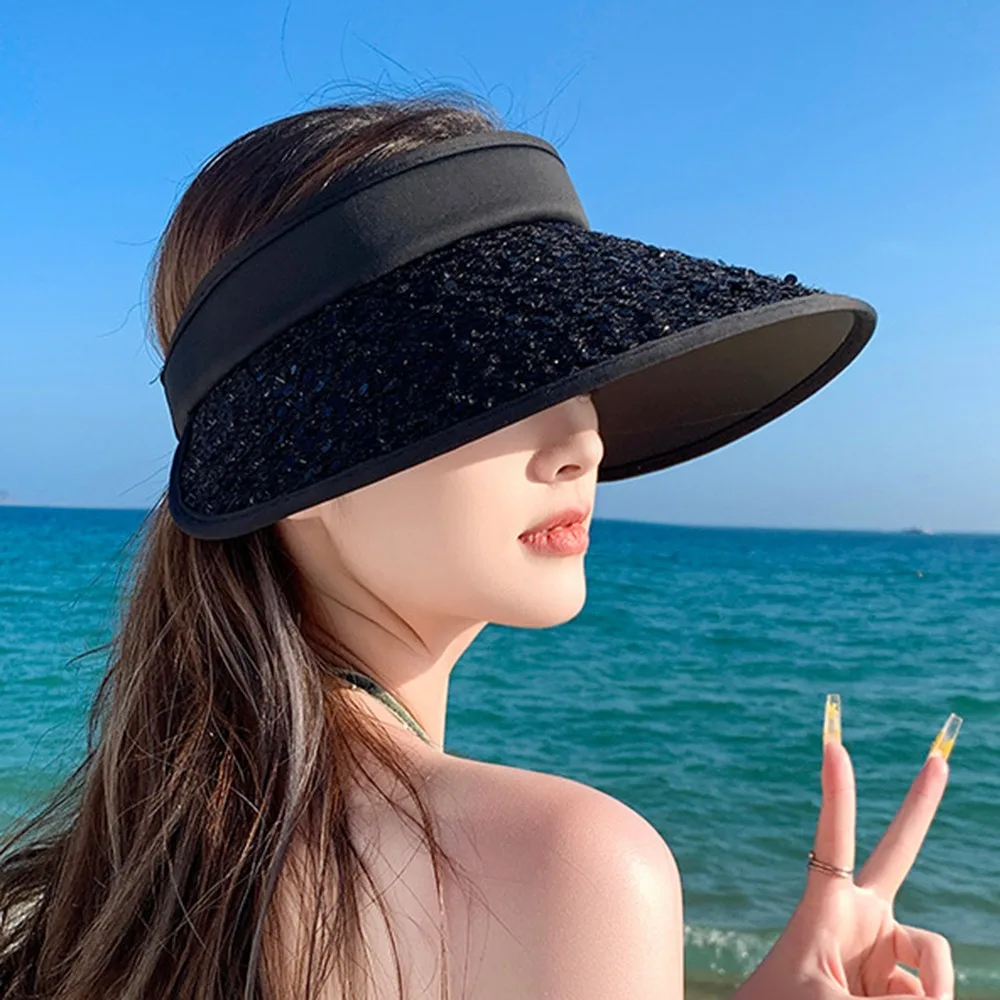 

Simple Anti-UV Sequin Sun Hat Shiny Summer Empty Top Cap Elastic Buckle Sunscreen Visor Cap Women