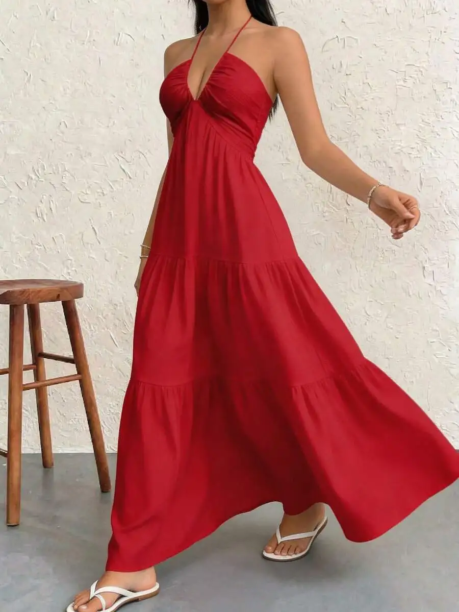 

Red Solid Color Halter Neck Tiered Maxi Dress Beach Vacation Casual Summer Dress