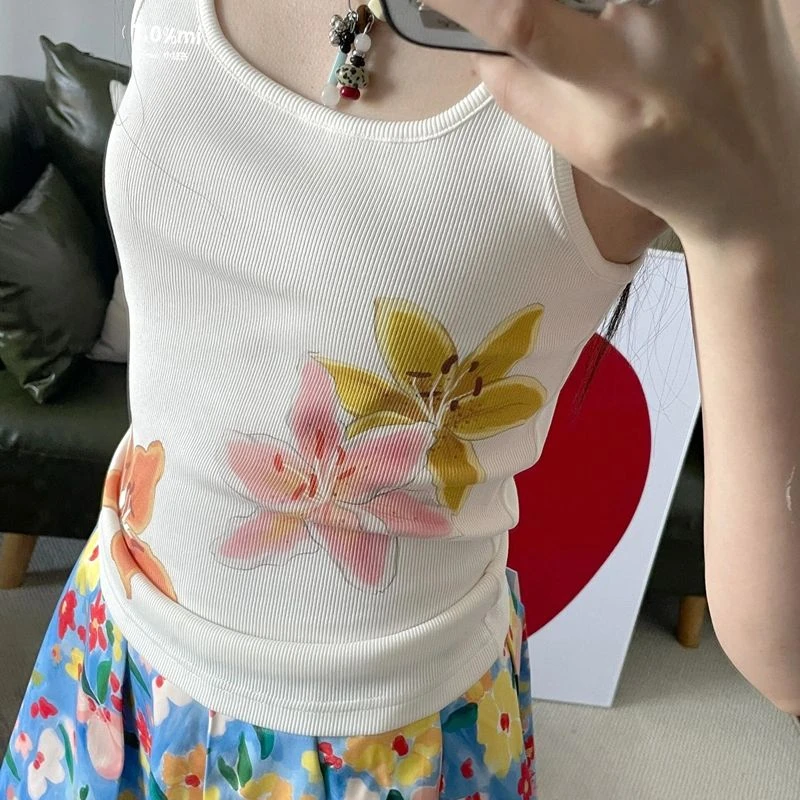 Tank Tops Women Summer Floral Print Spicy Girls All-match Casual Slimming Korean Style Streetwear Attractive Personality Camis