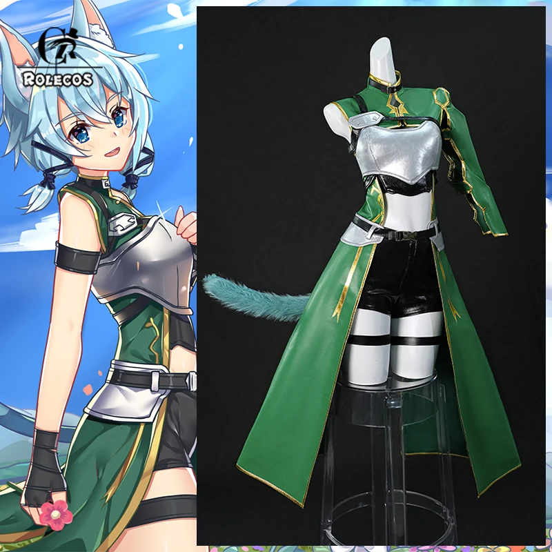 

ROLECOS Anime SAO Cat Asada Shino Cosplay Costume Sniper Asada Shino Women Green Leather Combat Suit Halloween Cosplay Outfits