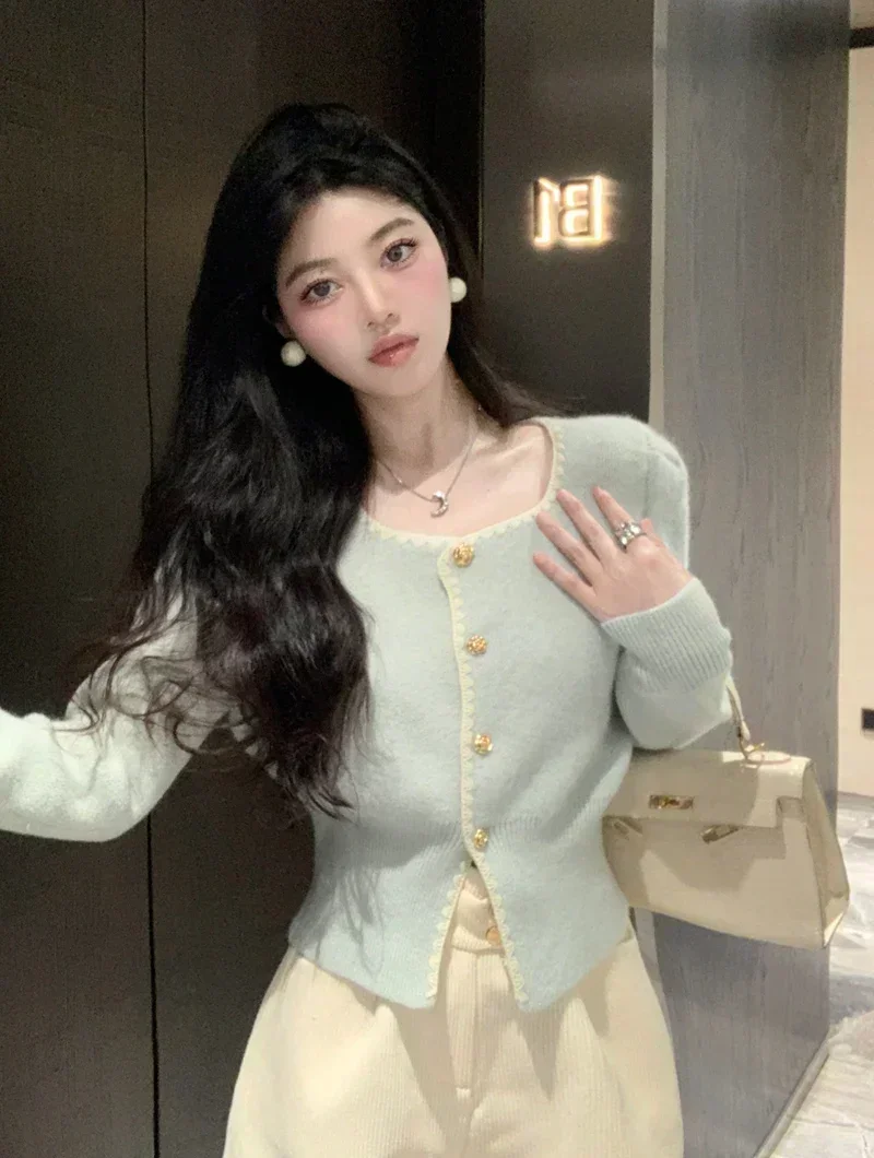 Ezgaga Elegant Knitted Cardigan Women Square Collar Long Sleeve Single Breasted Autumn Winter Outwear Sweater Female Chic