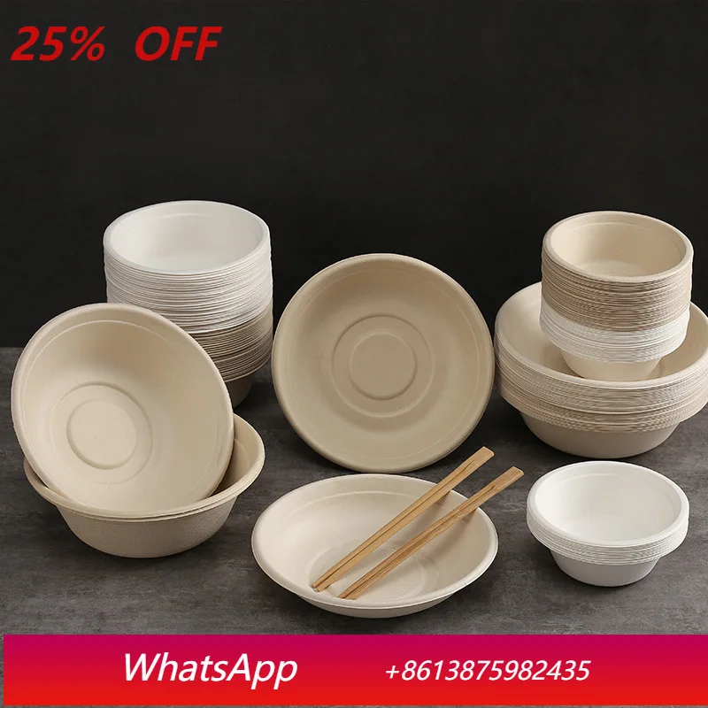 LMM Disposable Bowl Takeaway Packing Box Sugarcane Pulp Degradable Paper Tableware Round with Lid
