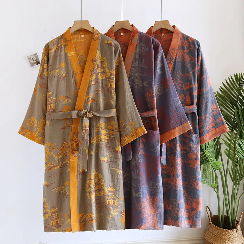 

100% Cotton Yarn Jacquard Nightgown Loose Men's Long Japanese Kimono Large Size Belt Yukata Shower Robe Bathrobe Man