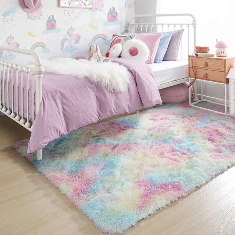 Fluffy Rainbow Rugs for Girls Bedroom Soft Shag Carpets for Teen Girls Kids Baby Room Nursery Playroom Cute Room Decor Area Rug