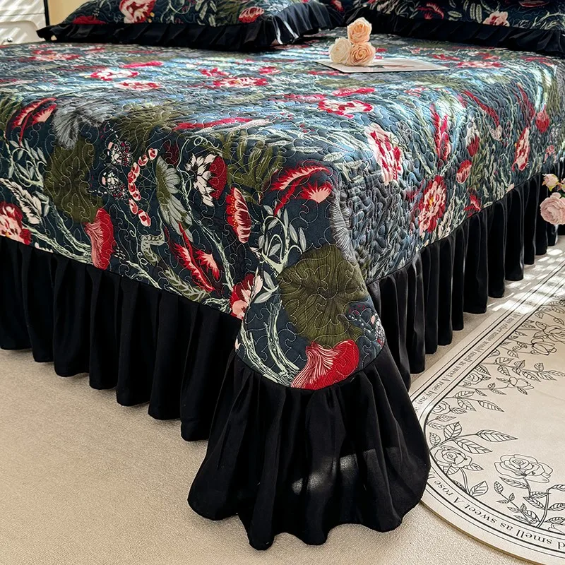 1pc Large Flowers Printed Bedspreads Washed Cotton and Skin-Friendly Queen/King Luxury Bed Cover French Hepburn Style Bedspreads