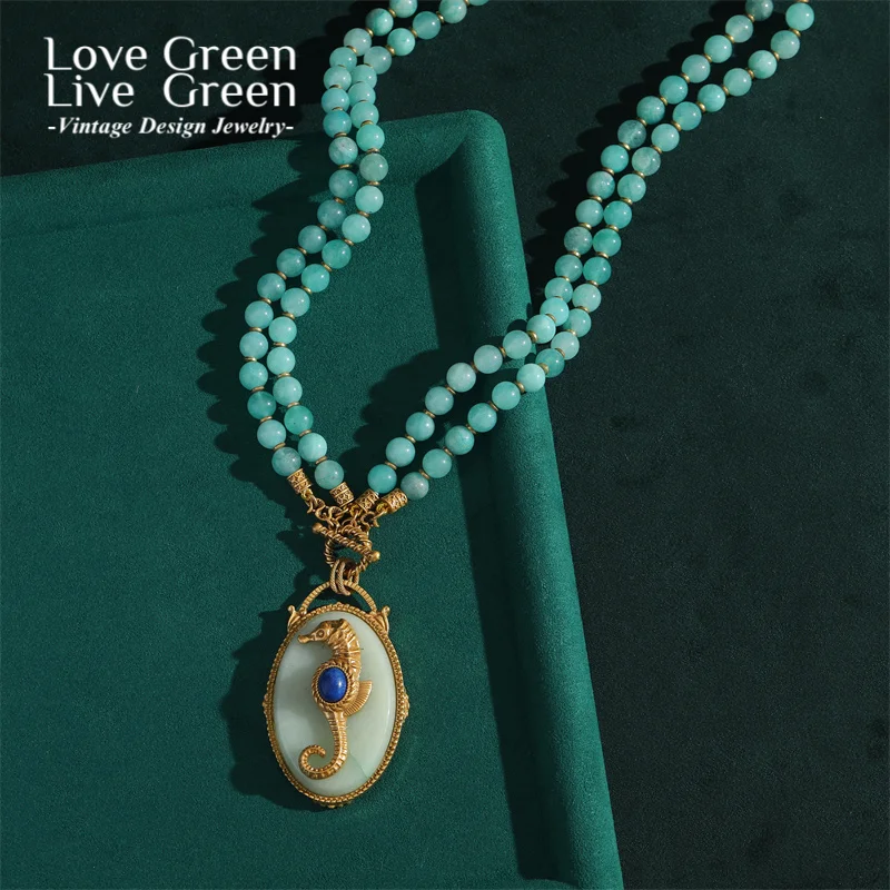 

Vintage Layered Necklace Sea Horse Pendant Natural Stone Beads Antique Gold Color Luxury Quality Jewelry Woman Beach Accessorie