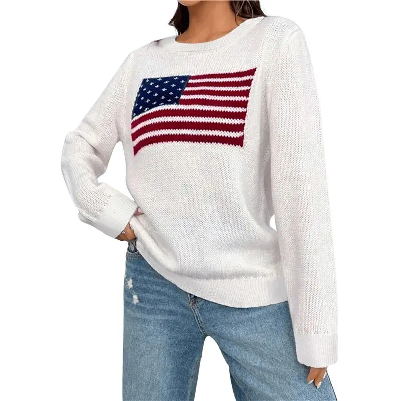 

Женский свитер с длинными рукавами и принтом американского флага, вязаный пуловер с круглым вырезом, топ ABRT