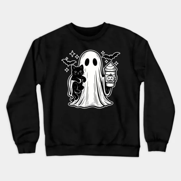 

Autumn and Winter Style Halloween Ghost Holding Drink with Cat Printed Cotton Crew Neck Sweatshirt