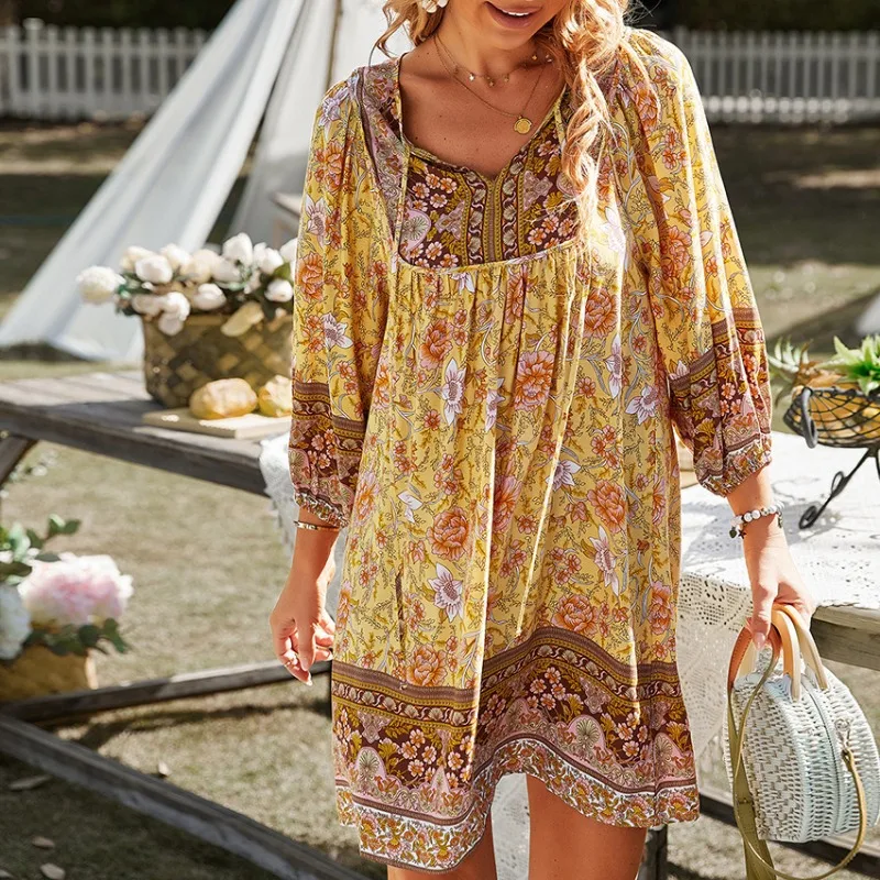 

Bohemian Casual Vacation Style Mini Dress 2024 Summer Women Temperament Commuting Youthful Women Clothes Fashion Loose Dresses