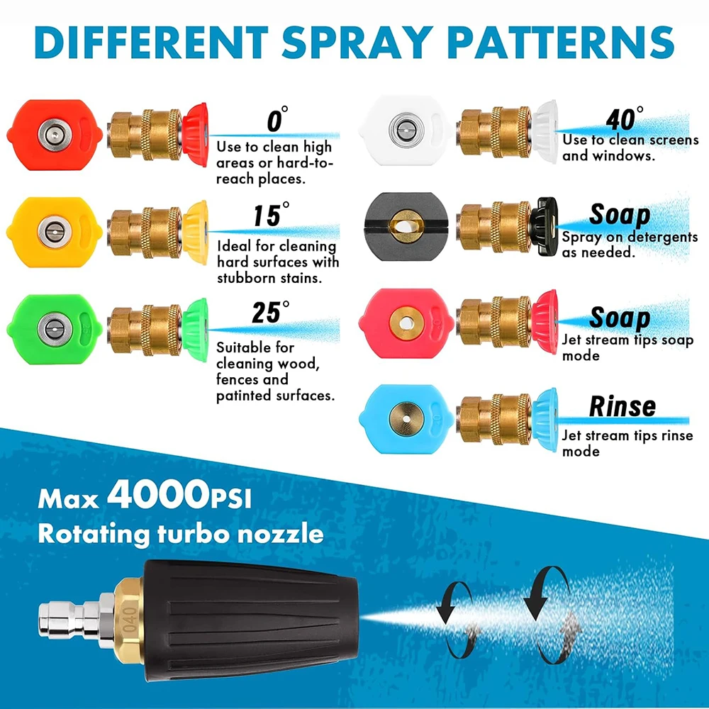 1/4 "ملحق غسالة الضغط في السيارة فوهة دوارة توربو 360 °   توربو دوار 4000 رطل لكل بوصة مربعة من النحاس الصلب + ABS مع 7 فوهات