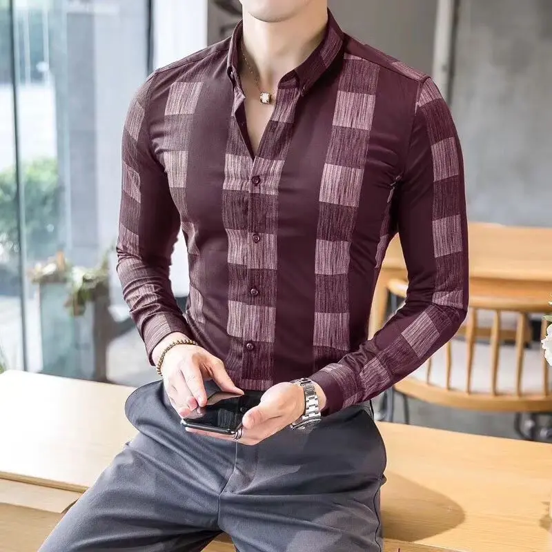 Fashion Spring Autumn Men Shirts New Lapel Plaid Single Breasted Smart England Casual Office Social Korean Slim Long Sleeve Tops