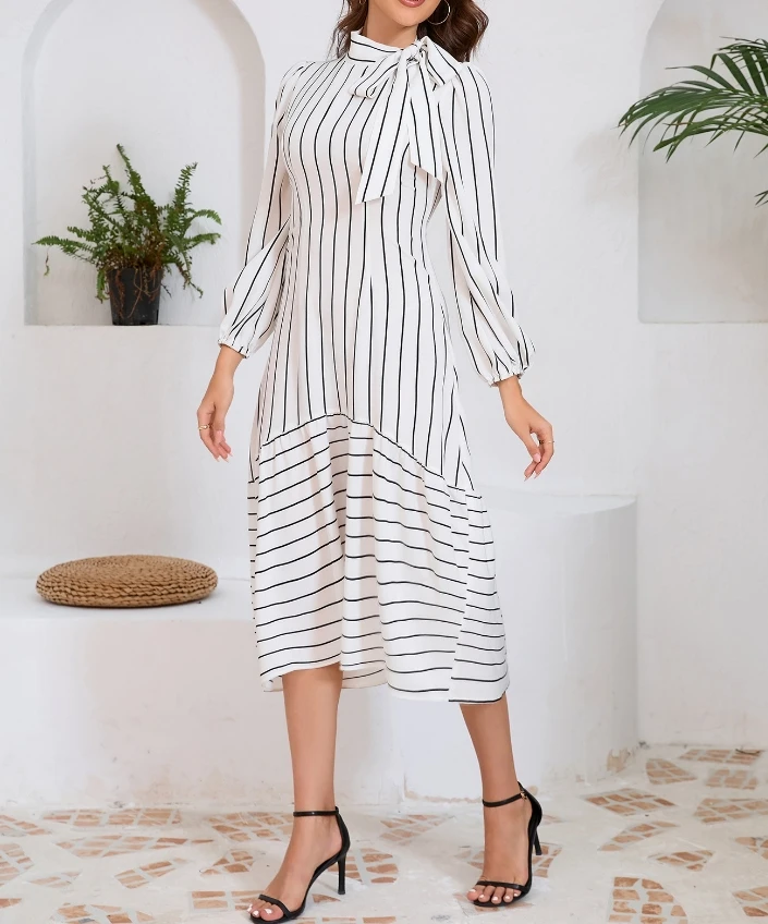 

Women's Fashion Professional High-End Stand Collar Stripe Dress Temperament Commuting New Fashion Female Elegant A-Line Dresses